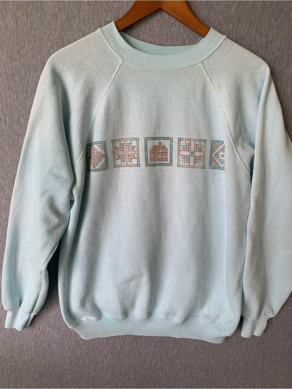 Vintage Beads House Crewneck Sweatshirt 90s Sweater Multicolor Light Blue